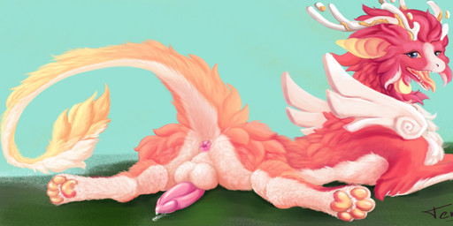 antlers anus balls big_butt blue_eyes bodily_fluids butt dripping erection feral fur genital_fluids genitals grass horn looking_at_viewer male orange_body orange_fur pawpads penis perineum pink_anus pink_pawpads pink_penis plant precum precum_drip presenting presenting_anus presenting_hindquarters red_body red_fur solo tenlina mythology dragon furred_dragon furred_scalie mythological_creature mythological_scalie scalie hi_res