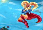 accessory anthro blonde_hair boots breasts cape clothing cloud day female flower flower_in_hair flying footwear green_eyes hair hair_accessory long_hair plant shoes smile solo sun ichduhernz activision crash_bandicoot_(series) dc_comics coco_bandicoot supergirl mammal marsupial 2019 hi_res signature