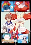 absurd_res anthro braixen bray_(lucyfercomic) breast_curtains breasts butt canid clothing coat delphox duo eyes_closed female generation_6_pokemon group hair hair_over_eyes hat headgear headwear hi_res human hybrid interspecies lab_coat lucyfercomic male mammal may_(pokemon) nintendo on_one_leg pokemon pokemon_(species) pokemon_trainer pokephilia speech_bubble standing text topwear