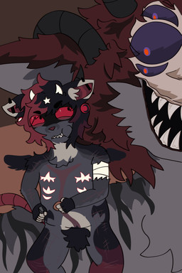 anthro black_body black_fur duo fur hair horn male male/male rat_tail red_eyes red_hair smile smiling_at_another smiling_at_partner star tail mar10-k4rt mythology canid canid_demon canine demon hellhound mammal mythological_canine mythological_creature 2:3 absurd_res hi_res