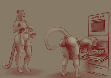 anthro appliance apron apron_only baking bent_over big_breasts big_butt breasts butt clothing cooking female fur kitchen_appliance oven simple_background smile solo tail thick_thighs wide_hips alytarch zoey_(alytarch) felid leopard mammal pantherine absurd_res hi_res monochrome signature