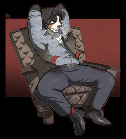 ambiguous_gender anthro arms_above_head belt black_background blood blue_eyes bodily_fluids bottomwear chair clothing duo footwear furniture hands_behind_head holding_knife holding_object knife knife_play male male/ambiguous nervous pants red_background shirt shoes simple_background sitting topwear olenchik canid canine canis domestic_dog mammal hi_res
