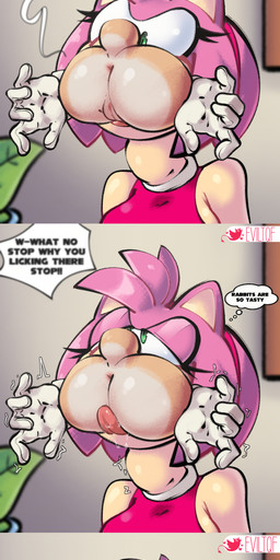 5_fingers anthro anus biped black_nose blush butt clothed clothing dialogue duo eyelashes eyes_closed female fingers gloves handwear text tongue tongue_out unwilling_prey vore young young_female eviltqf sega sonic_the_hedgehog_(series) amy_rose cream_the_rabbit eulipotyphlan hedgehog mammal 2026 absurd_res digital_media_(artwork) english_text hi_res long_image tall_image