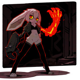 3_toes 4_fingers :< anthro bangs big_ears black_clothing black_legwear black_thigh_highs bottomless bottomless_anthro bottomless_female chest_tuft clothed clothing cybernetic_arm cybernetic_limb elemental_manipulation eye_bags eyebrows featureless_crotch feet female female_anthro fingers fire fire_manipulation fur gauntlets_(weapon) green_clothing green_jacket green_topwear hip_tuft jacket legwear long_ears looking_at_viewer mechanical_arm midriff navel outline pose raised_arm red_eyes red_outline solo standing thigh_highs toes topwear tuft white_body white_fur yellow_sclera polygoncherub clover_(polygoncherub) lagomorph leporid mammal rabbit robot_anthro 1:1 2025 colored detailed digital_drawing_(artwork) digital_media_(artwork) full-length_portrait hi_res portrait shaded