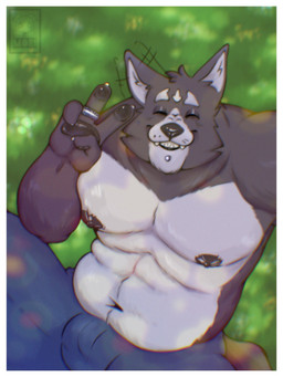 anthro black_body black_fur border bottomwear clothing eyes_closed fur male multicolored_body multicolored_fur nipples pants pawpads ring smile solo tail white_body white_border white_fur mementomorioow adastra adastra_(series) echo_project amicus_(adastra) canid canine canis mammal wolf 3:4 hi_res