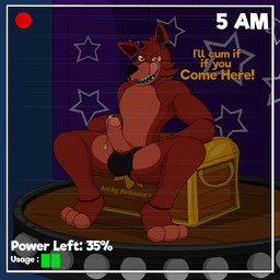 anthro bodily_fluids briefs camera clothed clothing erection genital_fluids genitals humanoid_genitalia humanoid_penis machine male penis precum smile solo stage text tongue underwear conditional_dnp notkastar five_nights_at_freddy's scottgames foxy_(fnaf) animatronic canid canine fox mammal robot 1:1 2019 alpha_channel digital_media_(artwork) english_text signature