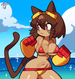 4_fingers anthro big_breasts bikini breasts brown_body brown_hair clothing eyebrows eyewear eyewear_on_head female fingers goggles goggles_on_head hair magenta_eyes seaside solo swimwear two-piece_swimsuit whiskers wide_hips yellow_sclera pissgata gameoverse glitch_productions kit_bodega domestic_cat felid feline felis mammal 2026 hi_res
