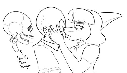 5_fingers anthro bald bodily_fluids bone bone_frill clothing deep_kiss duo eyes_closed eyewear female female_on_human fingers french_kissing frill_(anatomy) glasses hair human_on_anthro interspecies jacket kissing male male/female male_on_anthro short_hair skeleton sweat sweatdrop text topwear arsenic_iii cavemanon_studios goodbye_volcano_high ko_op_(game_developer) snoot_game anon_(snoot_game) naomi_(gvh) dinosaur hadrosaurid human mammal ornithischian ornithopod parasaurolophus prehistoric_species reptile scalie 2024 english_text hi_res monochrome