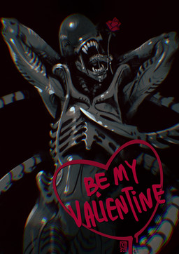 ambiguous_gender biped black_body eyeless flower_in_mouth front_view heart_symbol holidays open_mouth sharp_teeth simple_background solo tail teeth text cxiii alien_(franchise) valentine's_day alien xenomorph 2025 dated digital_drawing_(artwork) digital_media_(artwork) english_text hi_res