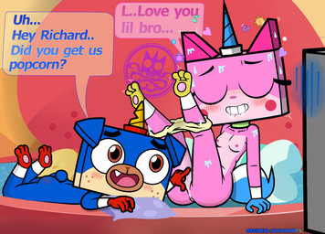 anthro bed blue_body blush blush_lines dialogue duo eyelashes female fingering freckled_face freckles furniture long_eyelashes male male/female motion_lines pink_body text young bunnyinquisitor lego the_lego_movie puppycorn unikitty canid canine canis domestic_cat domestic_dog felid feline felis humanoid hybrid mammal english_text brother_(lore) brother_and_sister_(lore) incest_(lore) sibling_(lore) sister_(lore)