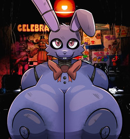 anthro areola big_areola big_breasts big_nipples bow_(feature) breasts buckteeth crossgender female fur huge_breasts inside light looking_at_viewer machine mtf_crossgender nipple_dip nipples pink_eyes purple_body purple_fur smile solo teeth bunnit_(artist) five_nights_at_freddy's scottgames bonnie_(fnaf) animatronic lagomorph leporid mammal rabbit robot absurd_res alternate_version_at_source hi_res lighting shaded