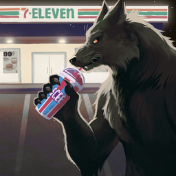 ambiguous_gender anthro beverage biped black_body black_fur claws container convenience_store cup drinking fur nude number orange_eyes outside parking_lot sharp_teeth solo star teeth text whiskers audax-vallhund 7-eleven icee mythology canid canine mammal mythological_canine mythological_creature werecanid werecanine werecreature werewolf 1:1 digital_media_(artwork) english_text half-length_portrait hi_res portrait