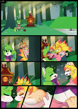 accessory adult_on_young age_difference anthro asian_clothing biped bite_mark black_nose breasts clothed clothing duo east_asian_clothing female female/female female_anthro flower flower_in_hair fur genitals green_body green_fur hair hair_accessory japanese_clothing kimono loli multi_tail multicolored_body multicolored_fur nose_to_nose open_mouth plant red_eyes scratch_mark shrine simple_background smile tail text two_tone_body two_tone_fur vulva white_body white_fur yellow_body yellow_fur young young_anthro young_female e-01 asian_mythology east_asian_mythology mythology chillia zero_one canid canine canis fox fox_spirit mammal wolf zerian_(species) absurd_res comic digital_media_(artwork) english_text hi_res