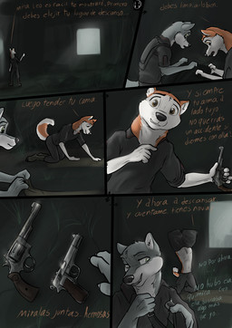 abandoned_building anthro biped brown_eyes clothing duo ears_up green_eyes gun handgun holding_object holding_weapon male male_anthro pistol ranged_weapon revolver text undressing weapon wolfyalex96 smith_&_wesson alex_(wolfyalex96) leo_(wolfyalex96) alaskan_malamute canid canine canis domestic_dog mammal nordic_sled_dog spitz wolf hi_res spanish_text