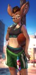 anthro athletic athletic_anthro athletic_female ball basketball_(ball) black_clothing black_topwear bodily_fluids bottomwear bottomwear_down bra breasts clothed clothing exposure_variation female flat_chested green_bottomwear green_clothing green_shorts lidded_eyes midriff nipple_outline partially_clothed shorts shorts_down solo sports_bra sweat swimwear thermos tomboy topwear underwear izra vest_(artist) abby_salt antelope bovid dik-dik mammal salt's_dik-dik true_antelope 2022 absurd_res hi_res