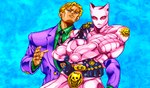 5_fingers blonde_hair clothed clothing duo eyebrows fingers hair male necktie pupils purple_clothing red_sclera slit_pupils nakamanga cc-by-nc-nd creative_commons jojo's_bizarre_adventure killer_queen yoshikage_kira human humanoid mammal stand_(jjba) digital_media_(artwork) hi_res pixel_(artwork)