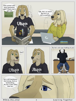 anthro clothing computer dialogue electronics female gesture hand_gesture heart_eyes heart_symbol highlighter laboratory laptop male pointing shirt tail tail_motion tailwag text topwear obie_the_otter marilynn odeum afghan_hound bear bird_dog canid canine canis domestic_dog hunting_dog labrador lagomorph leporid mammal rabbit retriever sighthound 3:4 comic english_text hi_res