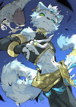 4_toes 5_fingers accessory ambiguous_gender anisodactyl anthro armwear beak beak_closed black_armwear black_bottomwear black_clothing black_eyes black_topwear blue_background blue_body blue_eyes blue_fur blue_pupils bottomwear brown_body brown_feathers circlet claws clothed clothed_anthro clothed_male clothing detached_sleeves duo ear_piercing ear_ring exposed_belly feathers feet feral finger_claws fingerpads fingers fluffy fluffy_tail front_view fully_clothed fully_clothed_anthro fully_clothed_male fur furgonomics gem green_eyes green_pupils grey_body grey_feathers grey_wings heterochromia inner_ear_fluff jewelry long_tail looking_at_viewer looking_down looking_down_at_viewer male mouth_closed multicolored_body multicolored_fur pawpads piercing pink_pawpads pupils ring_piercing ringed_iris sapphire_(gem) simple_background spread_wings tail tail_accessory tail_bracelet tail_jewelry toes topwear tuft two_tone_body two_tone_fur white_body white_claws white_fur white_inner_ear_fluff white_sclera wings yellow_armwear yellow_bottomwear yellow_clothing yellow_topwear chiayeeee accipitrid accipitriform avian bird felid mammal 2025 chromatic_aberration digital_drawing_(artwork) digital_media_(artwork) hi_res portrait three-quarter_portrait