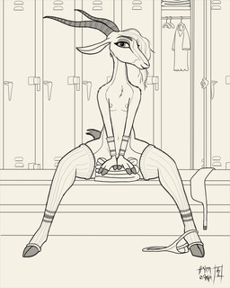 3_fingers anthro barely_visible_genitalia barely_visible_vulva bench breasts chest_tuft clothes_hanger clothing covering covering_self detailed_background female female_anthro fingers footwear front_view genitals hooves horn inside legwear locker locker_room looking_at_viewer mostly_nude navel nipples on_bench panties pose pubes shirt sitting small_breasts socks solo spread_legs spreading topwear towel tuft underwear vulva hyenatig disney zootopia gazelle_(zootopia) antelope bovid gazelle mammal 2017 4:5 digital_drawing_(artwork) digital_media_(artwork) full-length_portrait greyscale hi_res line_art monochrome portrait signature