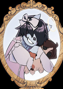 accessory anthro bangs black_hair bow_ribbon clothing dress female fur grey_body grey_hair hair hair_accessory hair_bow hair_over_eyes hair_ribbon halo holding_object holding_plushie hug hugging_object hugging_plushie long_sleeves picture_frame pink_clothing plushie ribbons sharp_teeth simple_background smile solo teeth white_body white_clothing borealhao callie_(vinqou) reina_(vinqou) canid canine fox mammal platinum_fox red_fox true_fox 2026 absurd_res digital_media_(artwork) hi_res portrait trans_(lore) trans_woman_(lore)