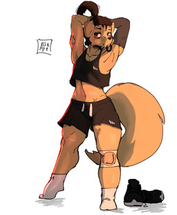 anthro armwear biped black_clothing bottomwear brown_eyes clothed clothing crop_top femboy floppy_ears folded_ears footwear front_view fully_clothed fur hair hands_behind_head long_hair male male_anthro markings midriff mole_(marking) monotone_background navel raised_arms shirt shoes shorts simple_background snout socks solo standing tail text topwear white_background yellow_body yellow_fur alihsart canid canine canis domestic_dog mammal artist_name digital_drawing_(artwork) digital_media_(artwork) hi_res signature