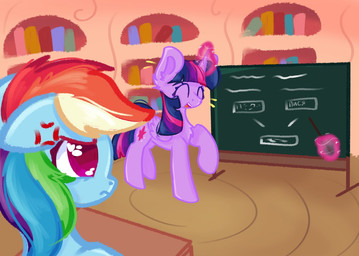 book chalkboard chest_tuft cross-popping_vein desk duo female feral frustrated furniture golden_oaks_library horn magic pointer smile table telekinesis tuft wings miaaqua friendship_is_magic hasbro my_little_pony mythology rainbow_dash_(mlp) twilight_sparkle_(mlp) equid equine mammal mythological_creature mythological_equine pegasus winged_unicorn