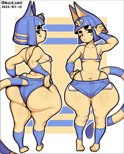 anthro big_butt bikini bikini_bottom bikini_top blue_hair bob_cut bottomwear breasts butt claws clothing denim denim_bottomwear denim_clothing denim_shorts eyeliner female hair hands_on_own_hips huge_butt makeup markings micro_bikini multiple_angles navel one_eye_closed shorts small_breasts solo standing striped_markings striped_tail stripes swimwear tail tail_markings thick_thighs two-piece_swimsuit uraeus wide_hips yellow_body onae_ane animal_crossing nintendo ankha_(animal_crossing) domestic_cat felid feline felis mammal 2026 dated full-length_portrait hi_res portrait