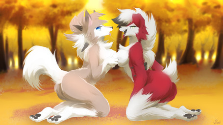 after_kiss anthro anthro_on_anthro anthrofied blue_eyes bodily_fluids breast_grab breast_squish breasts breasts_frottage brown_body brown_fur butt chest_tuft duo embarrassed fangs featureless_breasts female female/female forest forest_background fur green_eyes hand_on_breast kneeling looking_at_viewer nature nature_background naughty_face nude outdoor_nudity outside plant pokemorph red_body red_fur saliva saliva_string squish teeth tongue tongue_out tree tuft storm_(artist) nintendo pokemon canid canine generation_7_pokemon lycanroc mammal midday_lycanroc midnight_lycanroc pokemon_(species) 16:9 2021 4k absurd_res digital_media_(artwork) hi_res shaded widescreen