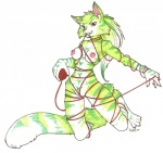 anthro ball_of_yarn belly bent_arm bent_legs biped breasts brown_eyes claws ear_piercing female fur genitals green_body green_fur hair holding_object inner_ear_fluff kneeling long_hair long_tail navel nipples nude piercing playing_with_yarn pussy red_eyes simple_background snout solo spread_legs spreading string stripes tail teeth tuft white_background white_belly yarn iggi domestic_cat felid feline felis mammal 2009 hi_res marker_(artwork) signature traditional_media_(artwork)