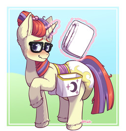 ageplay ambiguous_gender blush clothed clothing diaper feral fur hair horn infantilism magic_user mouth_closed purple_eyes purple_hair purple_tail red_hair red_tail roleplay side_view solo tail wearing_diaper white_diaper yellow_body yellow_diaper yellow_fur yellow_horn riddlr hasbro my_little_pony equid equine horse mammal pony absurd_res hi_res