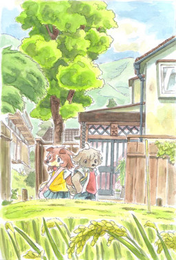 anthro backpack bottomwear brown_body brown_fur building clothed clothing denim denim_bottomwear denim_clothing detailed_background duo female fully_clothed fur grass house jeans kemono male outside pants plant pleated_skirt red_clothing red_shirt red_topwear shaggy_hair shirt skirt sleeveless_topwear text topwear tree white_clothing white_shirt white_topwear yellow_clothing yellow_topwear young utsuki_maito canid canine canis domestic_dog mammal japanese_text traditional_media_(artwork)