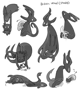 ambiguous_gender black_body holding_another horn lying multiple_poses on_side orange_eyes pose simple_background solo text white_eyes unknown_artist hollow_knight_(franchise) team_cherry broken_vessel_(hollow_knight) radiance_(hollow_knight) arthropod insect lepidopteran moth shadow_creature english_text monochrome