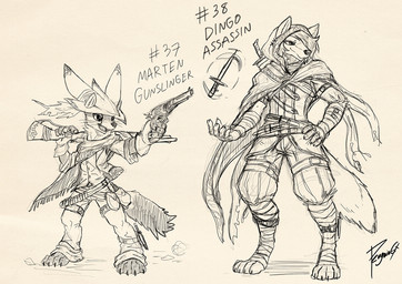 4_toes anthro bandage bandaged_arm bandaged_leg barefoot bottomwear cheek_tuft claws clothed clothing dagger digitigrade duo facial_tuft feet foot_wraps front_view gloves gun hair handwear hat headgear headwear holding_gun holding_object holding_ranged_weapon holding_weapon male melee_weapon mouth_closed narrowed_eyes neck_tuft open_mouth pants paws ranged_weapon standing toe_claws toes topwear tuft vest weapon wraps penguinexperience canid canine canis dingo gulonine mammal marten mustelid musteline monochrome signature