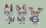 alternate_costume anthro black_ears black_tail blonde_hair blush bottomless clothed clothing crossdressing cute_fangs eyewear fur glasses green_background grey_body grey_fur hair heterochromia looking_at_viewer looking_back maid_uniform male multiple_poses on_one_leg pose simple_background solo standing tail topwear uniform mabo_(artist) animal_crossing nintendo raymond_(animal_crossing) domestic_cat felid feline felis mammal 2020 full-length_portrait multiple_images portrait signature