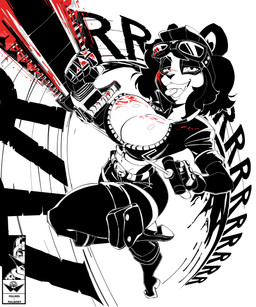 anthro big_breasts blood bodily_fluids breasts chainsaw cleavage clothed clothing cosplay eyewear female goggles jacket navel open_clothing open_jacket open_topwear power_tool solo sound_effects tongue tongue_out tools topwear kingsus jack_cayman lacy_(bosstones) bear giant_panda mammal absurd_res hi_res