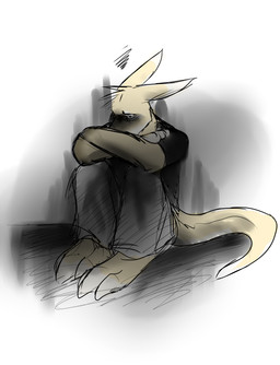 anthro black_clothing black_shirt black_t-shirt black_topwear bottomwear clothed clothing crossed_arms dipstick_ears ear_markings fur grey_bottomwear grey_clothing grey_pants male male_anthro multicolored_ears narrowed_eyes pants sad shirt simple_background sitting solo t-shirt tail topwear white_body white_ears white_fur white_tail yellow_body yellow_ears yellow_fur yellow_tail solaxe_(artist) solaxe kangaroo macropod mammal marsupial