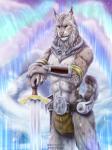 anthro aura belt black_claws claws clothed clothing fur gold_armband hair looking_at_viewer male markings melee_weapon muscular muscular_anthro muscular_male smile solo spots spotted_body sword topless topless_male torc weapon white_body white_fur wrist_guards yellow_sclera diaszoom felid feline lynx mammal 3:4