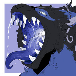 ambiguous_gender black_body black_ears black_fur blue_background blue_body blue_ears blue_fur blue_insides blue_mouth blue_tongue bodily_fluids border cheek_tuft dripping facial_tuft fangs fur glistening glistening_tongue mouth_shot open_mouth pupils saliva saliva_drip saliva_on_tongue saliva_string simple_background slit_pupils solo teeth tongue tongue_out tuft unsigned white_border white_pupils swampjaws 1:1 absurd_res headshot_portrait hi_res icon portrait