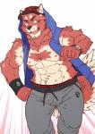 5_fingers anthro biceps clothed clothing fingers fur hat headgear headwear hoodie kemono male multicolored_body multicolored_fur muscular muscular_anthro muscular_male nipples open_clothing open_hoodie open_mouth open_topwear pecs simple_background solo topwear ryuta-h ailurid mammal red_panda 2018 hi_res