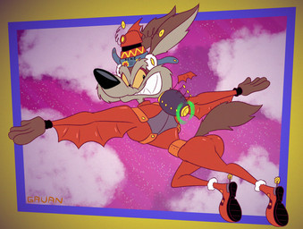 abstract_background anthro bodysuit brown_body brown_fur butt cheek_tuft clothing cloud devious_grin ear_tuft facial_tuft flying fur hat headgear headwear jet_pack looking_back male multicolored_body multicolored_fur skinsuit solo spurs tight_clothing tuft two_tone_body two_tone_fur wings gavanzude looney_tunes warner_brothers wile_e._coyote canid canine canis coyote mammal alternate_version_at_paywall digital_drawing_(artwork) digital_media_(artwork) hi_res signature