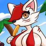 anthro big_breasts bikini bikini_top breasts clothing duo female food hair machine popsicle protogen_visor red_hair swimwear two-piece_swimsuit white_body yellow_eyes arturfox chara_senko_yukimoto rox_02 canid canine fox mammal protogen 1:1 hi_res