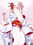 anthro areola asian_clothing breasts clothed clothed_anthro clothed_female clothing east_asian_clothing exposed_breasts female flower front_view japanese_clothing kimono long_tail looking_at_viewer nipples non-mammal_breasts non-mammal_nipples plant red_eyes scales snake_hood solo tail teeth white_body white_scales kame_3 reptile scalie snake 2025 digital_media_(artwork) hi_res