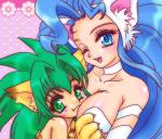 blue_eyes blue_hair blush breasts duo female female/female green_eyes green_hair hair looking_at_viewer one_eye_closed open_mouth pattern_background simple_background kisaragi_miyuki capcom darkstalkers samurai_shodown cham_cham felicia_(darkstalkers) animal_humanoid cat_humanoid felid felid_humanoid feline feline_humanoid humanoid mammal mammal_humanoid 2013