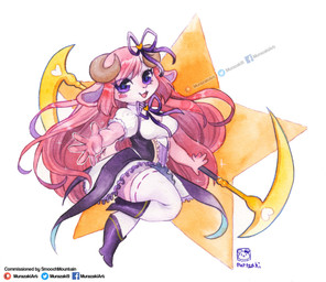 accessory alternative_fashion anthro biped bow_(feature) bow_accessory bow_ribbon breasts chibi clothing dress female footwear fur hair hair_accessory hair_bow hair_ribbon holding_object holding_weapon horn j-fashion legwear lolita_(fashion) long_hair looking_at_viewer magical_girl_outfit melee_weapon open_mouth polearm ribbons scythe shoes simple_background smile solo star thigh_highs weapon white_background murazaki bovid caprine goat mammal hi_res painting_(artwork) traditional_media_(artwork) traditional_painting_(artwork) traditional_watercolor_(artwork) watercolor_(artwork)