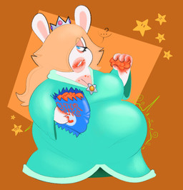 anthro arms_bent belly big_belly big_breasts blonde_hair blue_eyes breasts chubby_cheeks cleavage clothed clothed_anthro clothed_female clothing crown dress eye_through_hair eyelashes female female_anthro food food_on_breasts food_on_face fur gem hair hair_over_eye headgear holding_bag holding_food holding_object lidded_eyes light long_ears long_hair looking_at_viewer messy_eater multicolored_body noseless obese obese_anthro obese_female orange_background overweight overweight_anthro overweight_female question_mark ruby_(gem) rumbling_stomach sapphire_(gem) simple_background solo standing star tan_body tan_eyelids tan_inner_ear tan_skin teal_clothing teal_dress text translucent translucent_hair two_tone_body white_body white_fur fizzooka mario_bros mario_plus_rabbids_sparks_of_hope nintendo raving_rabbids rayman_(series) ubisoft power_star rabbid_rosalina lagomorph mammal rabbid 2022 colored crossover digital_drawing_(artwork) digital_media_(artwork) english_description english_text full-length_portrait hi_res lighting portrait shaded soft_shading