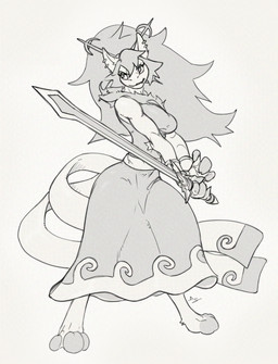 action_pose big_breasts breasts clothing digitigrade dress female hair long_hair melee_weapon pose solo standing sword weapon diagamon nintendo pokemon generation_5_pokemon pokemon_(species) zoroark sequence sketch