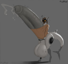 anthro balls big_balls big_penis bodily_fluids bottomless brown_hair clothed clothing emanata erection femboy genital_fluids genitals grey_background grey_body hair huge_balls huge_penis humanoid_genitalia humanoid_penis hyper hyper_balls hyper_genitalia hyper_penis machine male penis precum shirt simple_background solo tail thick_tail thick_thighs tired topwear wide_hips ace0t0nic ethan_(humbug) aquatic fish hybrid protogen shark absurd_res hi_res