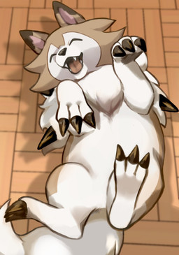 ambiguous_gender brown_body brown_fur claws eyes_closed fangs featureless_crotch feral fur happy lying on_back open_mouth overweight overweight_feral solo spikes spikes_(anatomy) tail teeth tongue sq_5be nintendo pokemon murdock's_lycanroc canid canine generation_7_pokemon lycanroc mammal midday_lycanroc pokemon_(species) 2025