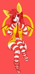 anthro clothed clothing clown costume feet female fur hair hindpaw legwear long_hair makeup mascot membrane_(anatomy) membranous_wings open_mouth pattern_clothing pattern_legwear pattern_thigh_highs paws red_background red_eyes red_hair simple_background sitting solo striped_clothing striped_legwear striped_thigh_highs stripes thigh_highs white_body white_fur wings fredek666 mcdonald's ronald_mcdonald bat mammal digital_media_(artwork) hi_res shaded