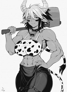 abs axe bangs bell bell_collar biceps breasts collar cowbell deltoids eyelashes female forearm_muscles hand_on_hip horn long_eyelashes melee_weapon midriff monster_girl_(genre) muscular muscular_female o-ring one_eye_closed solo weapon speedl00ver monster_musume cathyl_(monster_musume) animal_humanoid bovid bovid_humanoid bovine bovine_humanoid cattle_humanoid humanoid mammal mammal_humanoid 2022 absurd_res hi_res monochrome